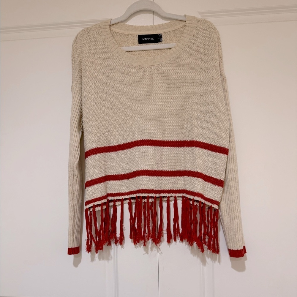 Minkpink Fringe Trim Cropped Sweater sz S burnt orange